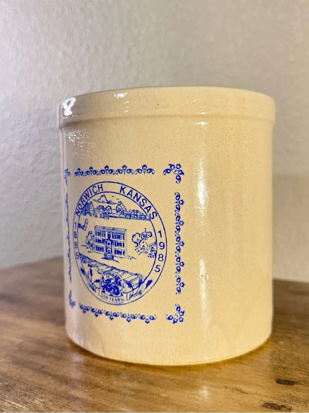 Norwich Kansas 1885–1985 Centennial Stoneware Crock | Blue Transferware